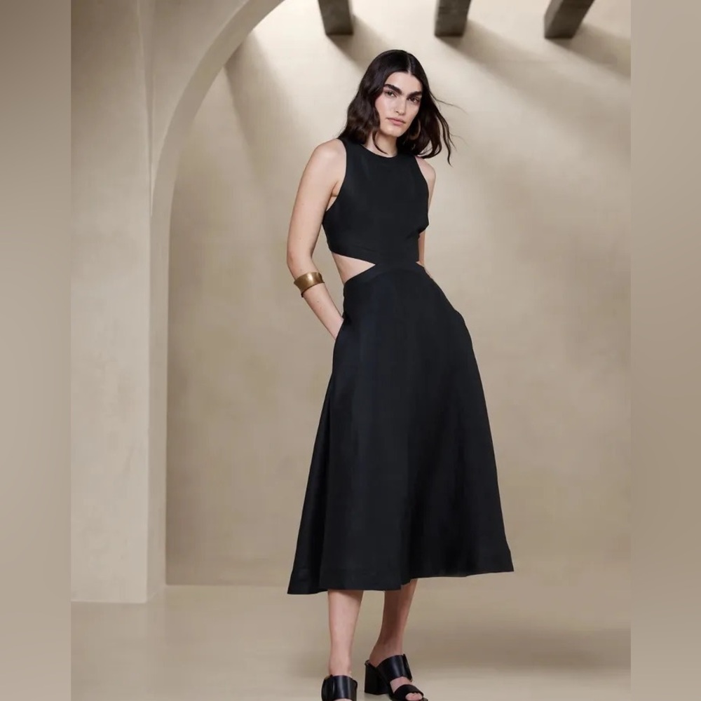 BANANA REPUBLIC LINA LENEN CUTOUT MIDI DRESS
